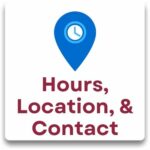 Text description: hours, location, and contact information.