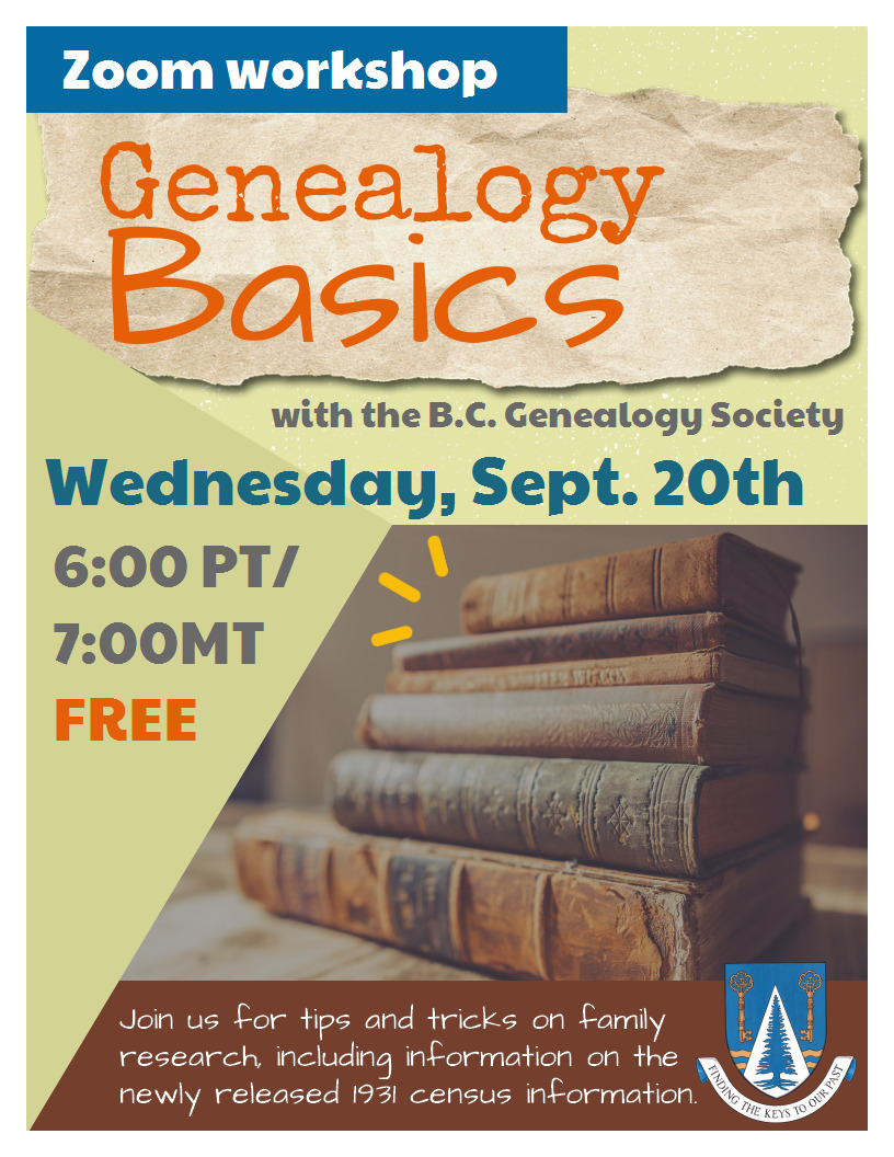 Genealogy Basics Zoom Workshop poster.